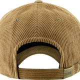 Back view of khaki corduroy cap with a gold tag on a white background