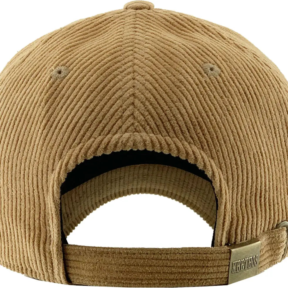 Back view of khaki corduroy cap with a gold tag on a white background