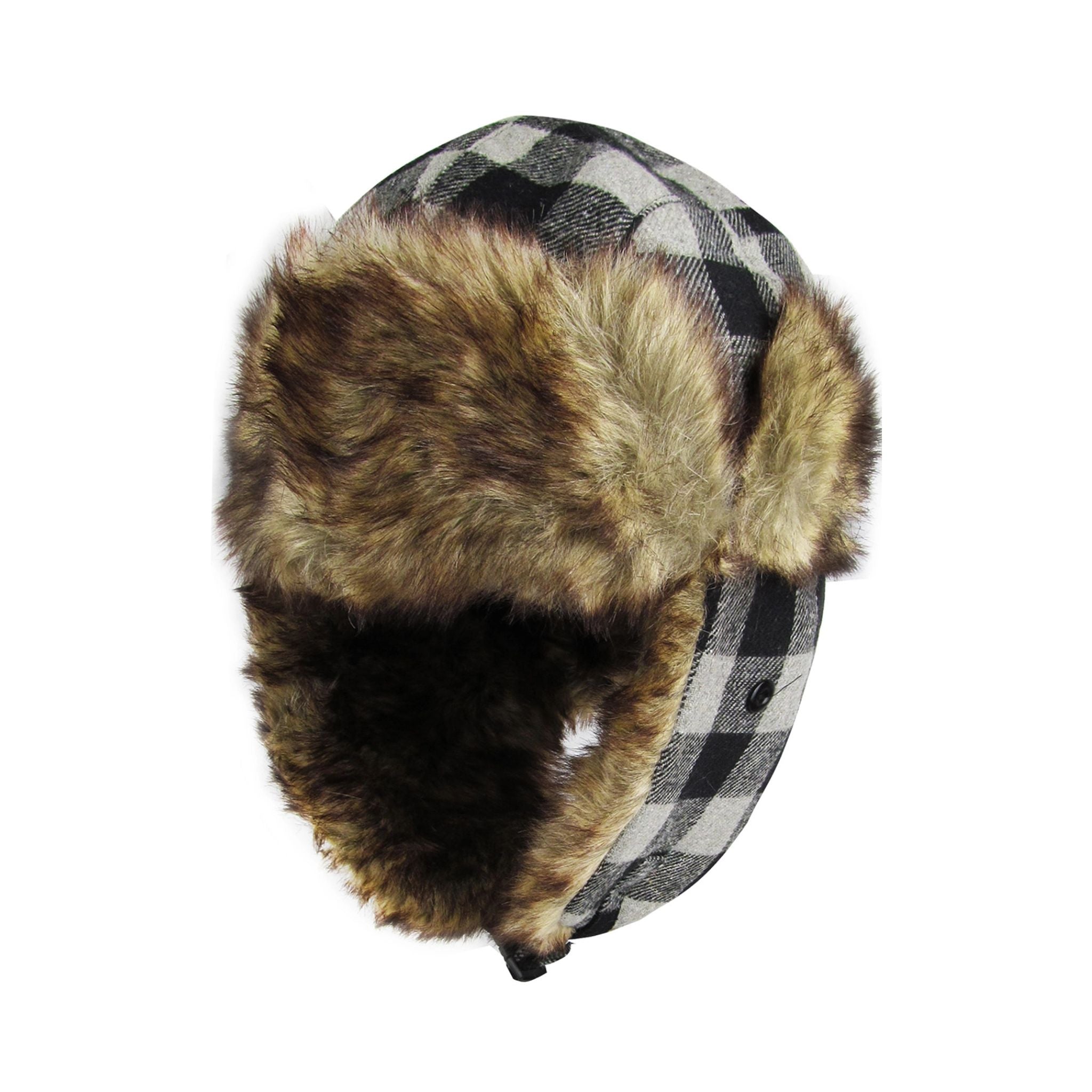 Black and grey plaid trapper with fur trim on a white background