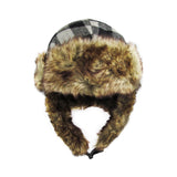 Black and grey plaid trapper with fur trim on a white background