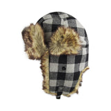 Black and grey plaid trapper with fur trim on a white background