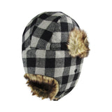 Black and grey plaid trapper with fur trim on a white background