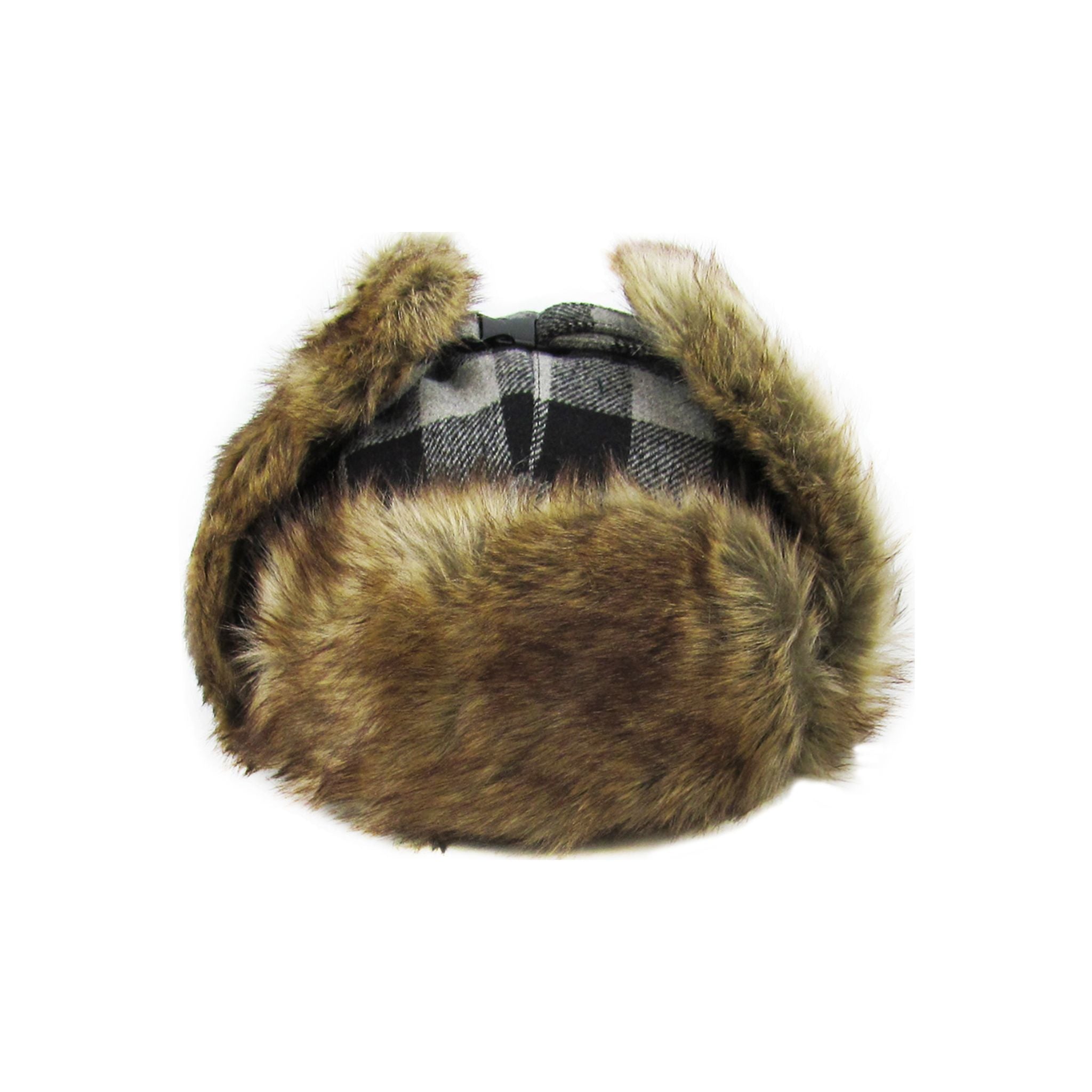 Black and grey plaid trapper with brown fur ear muffs on a white background