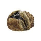 Black and grey plaid trapper with brown fur ear muffs on a white background
