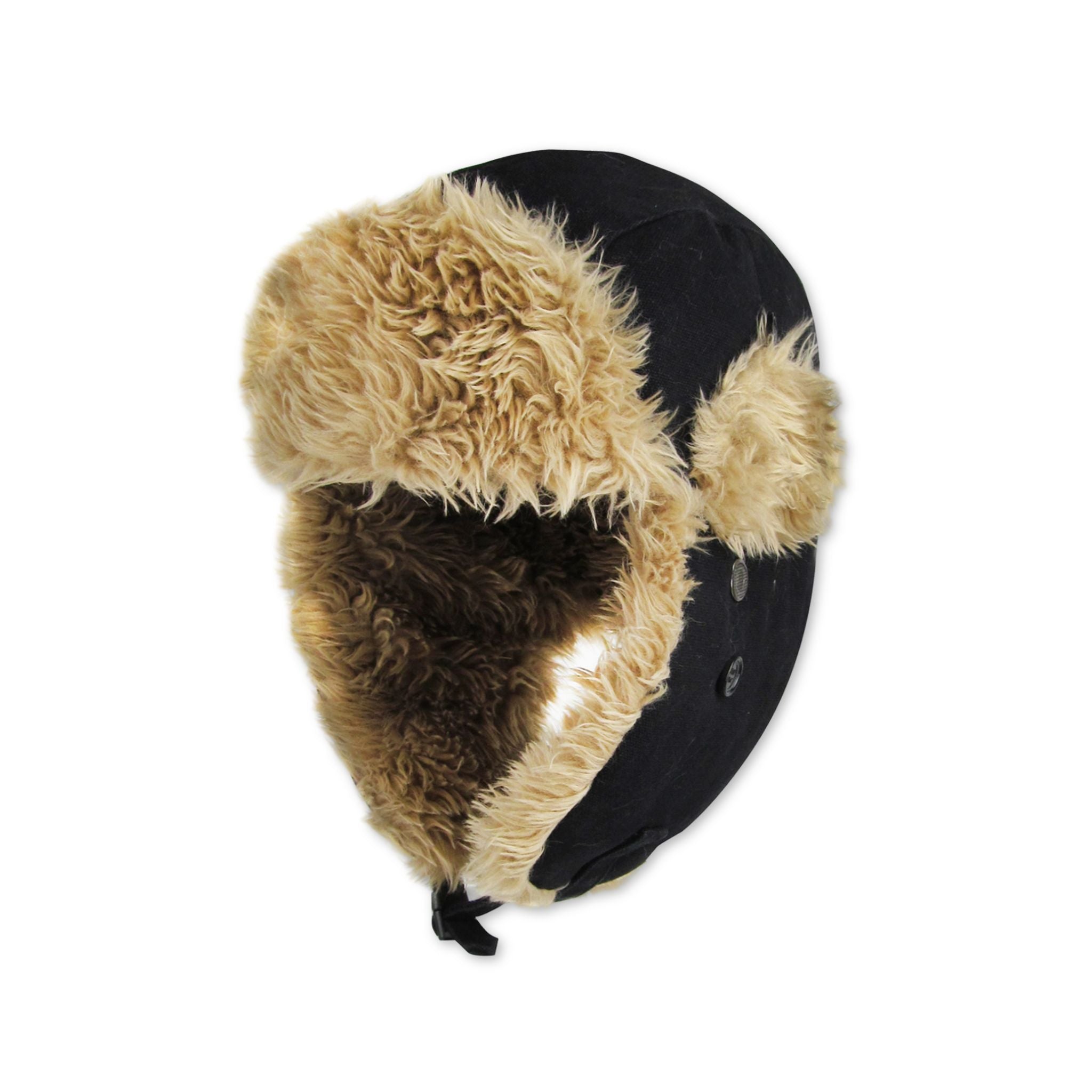 Black canvas trapper with beige and brown fur ear flaps on a white background
