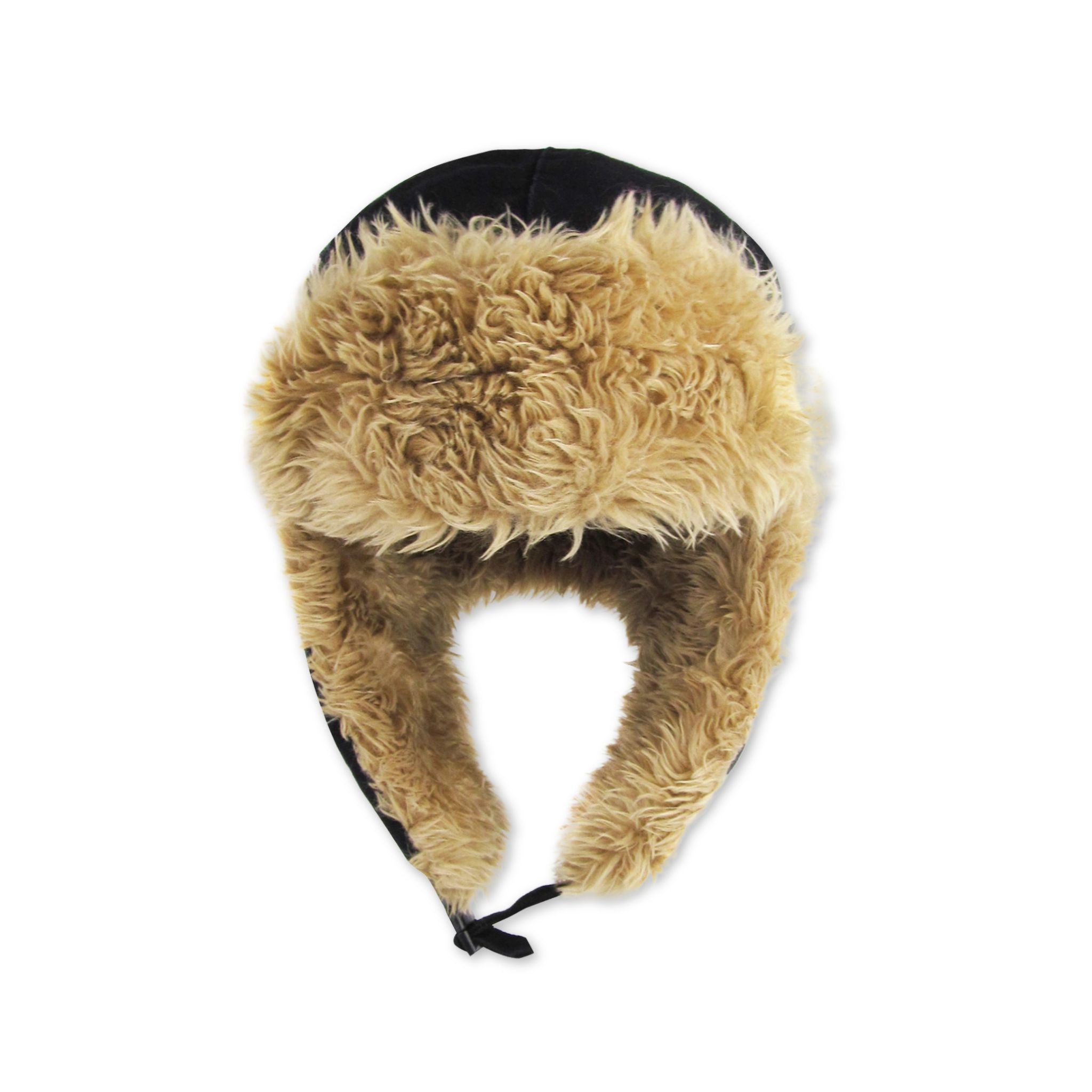 Black canvas trapper with beige and brown fur ear flaps on a white background