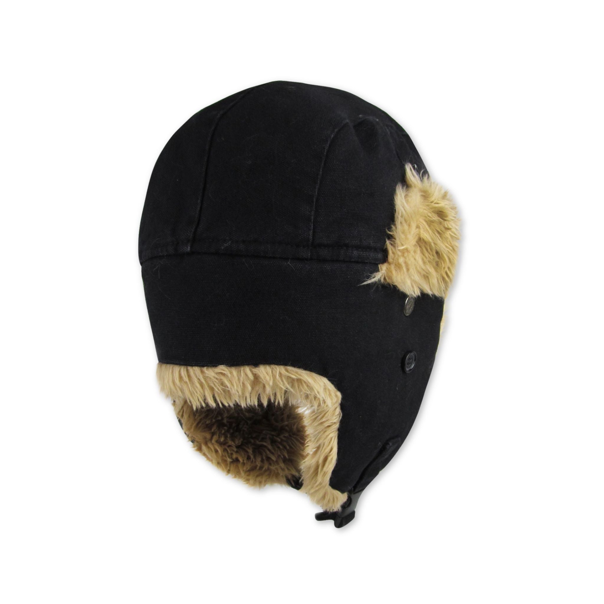Black canvas trapper with beige and brown fur ear flaps on a white background