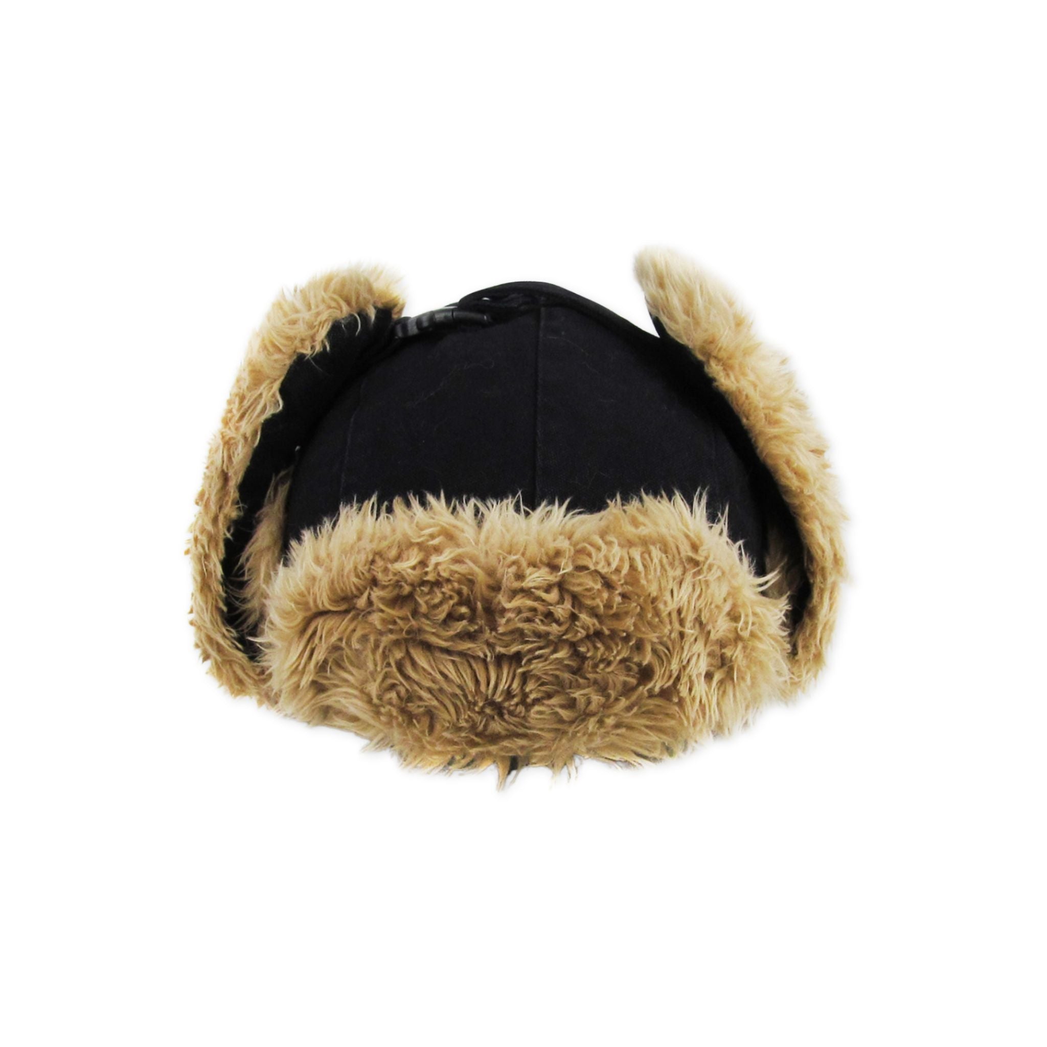 Black canvas trapper with beige fur ear muffs on a white background