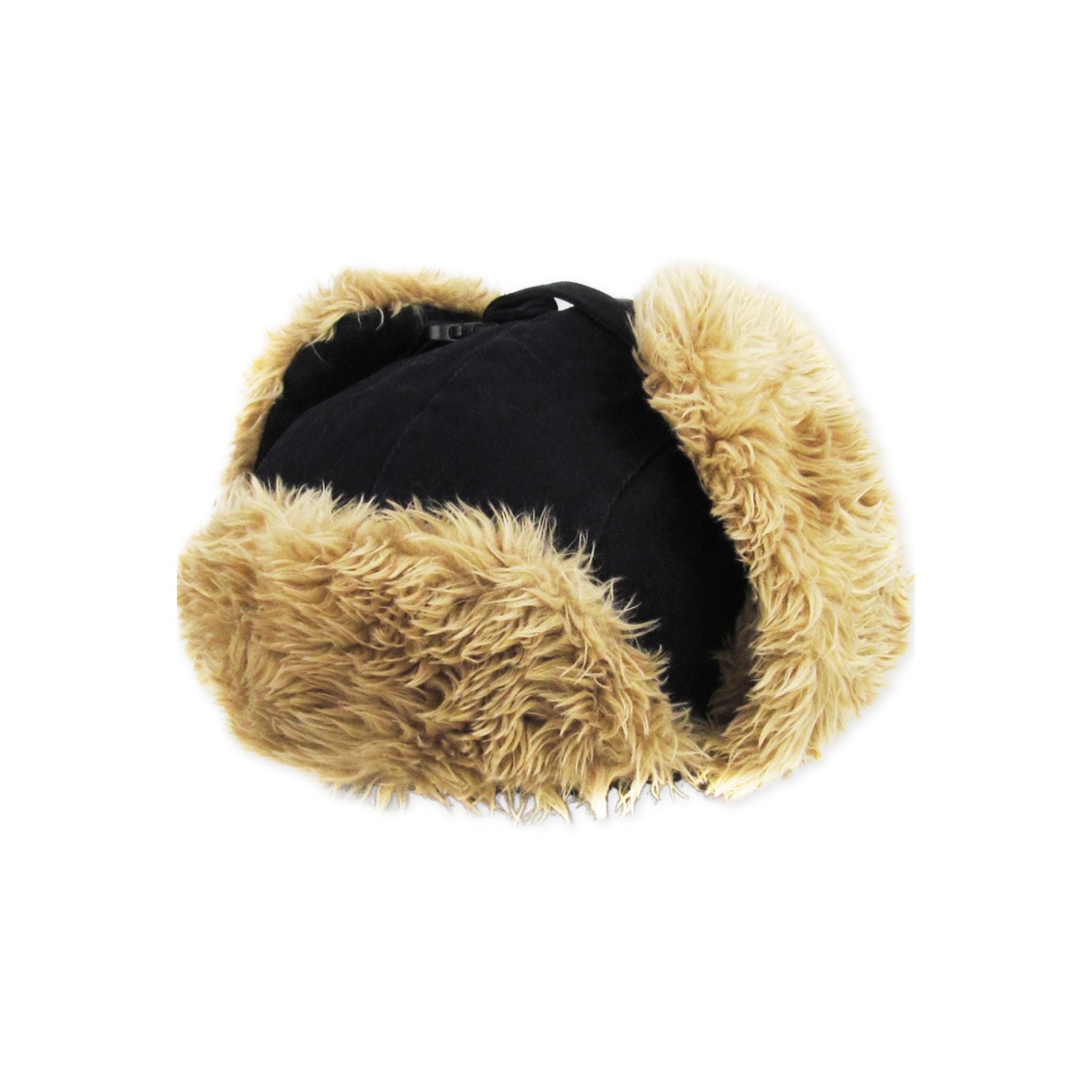 Black canvas trapper with beige fur ear muffs on a white background