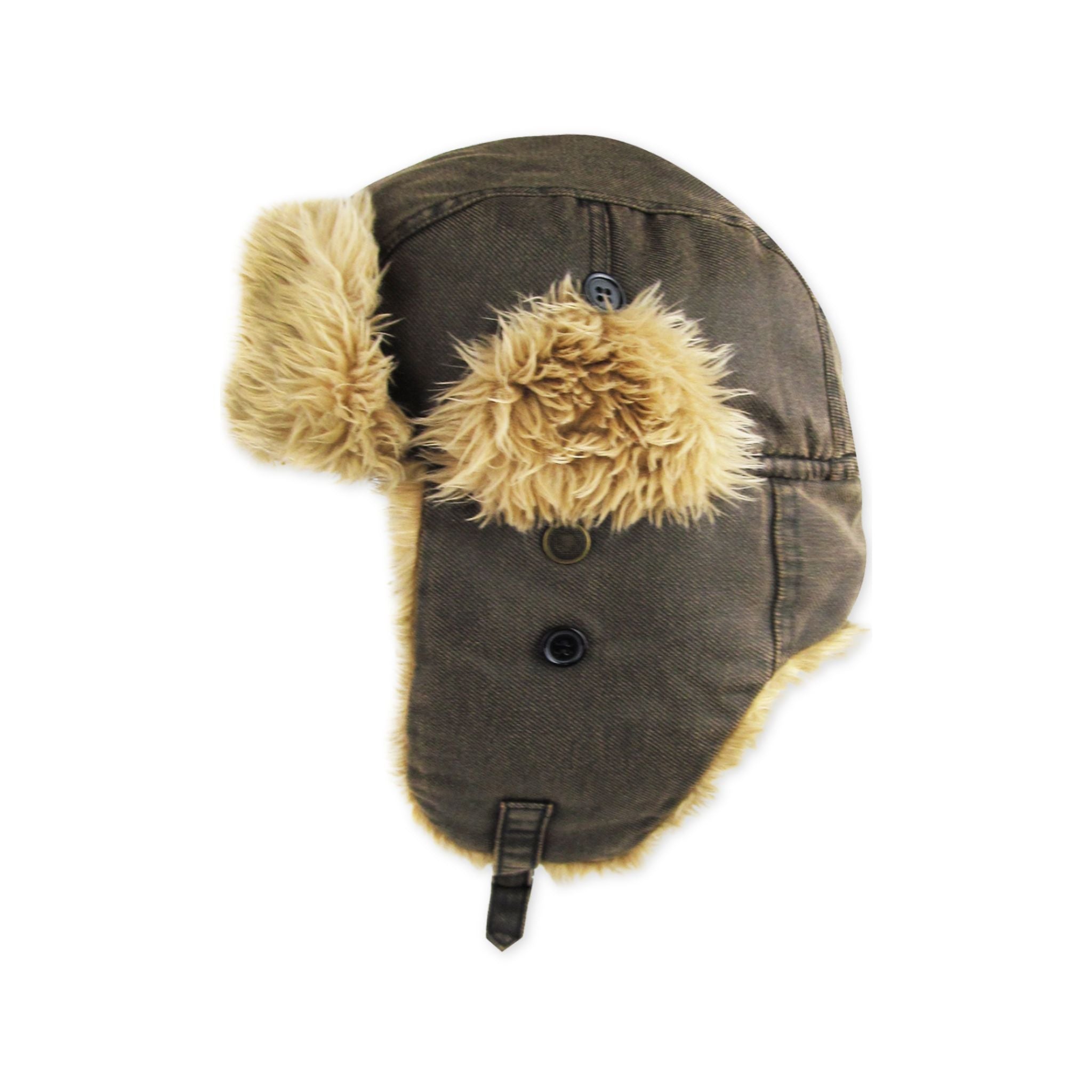 Brown canvas trapper with beige and brown fur ear flaps on a white background