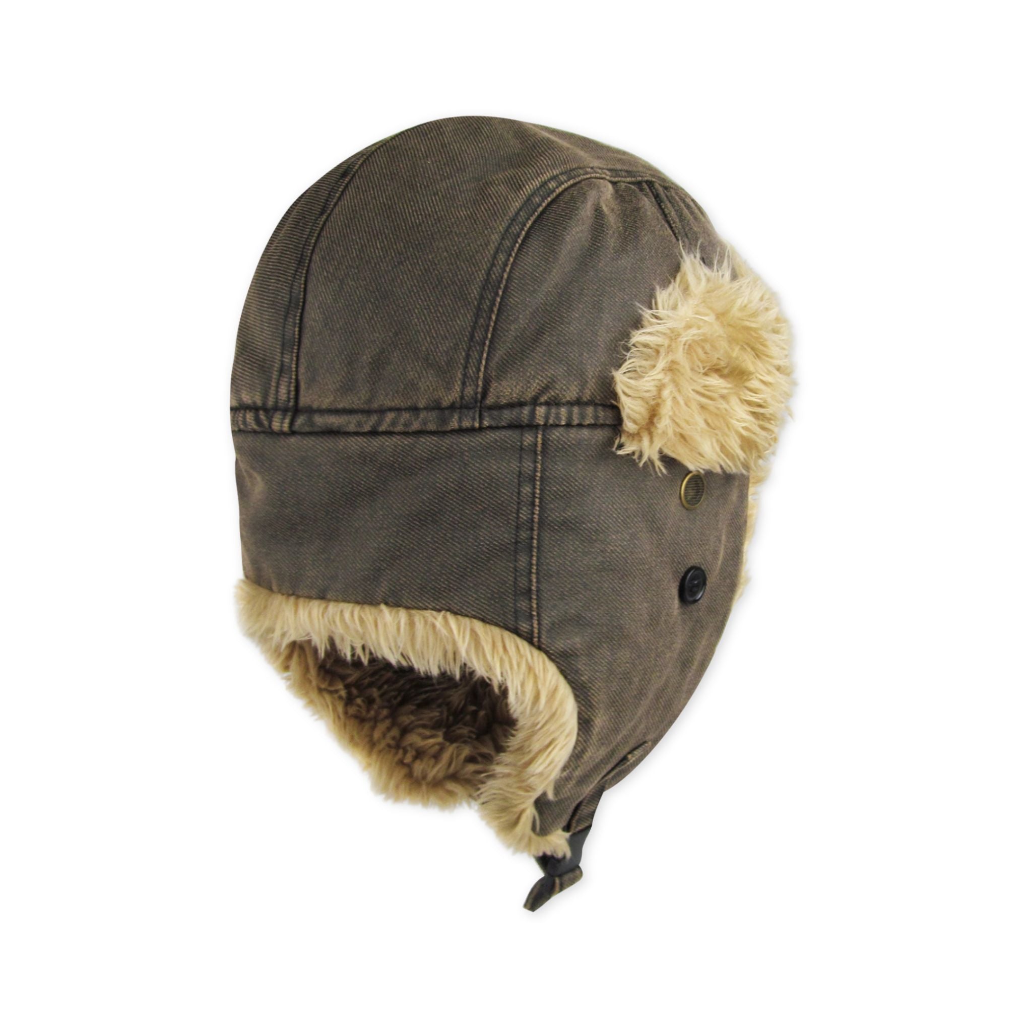 Brown canvas trapper with beige and brown fur ear flaps on a white background