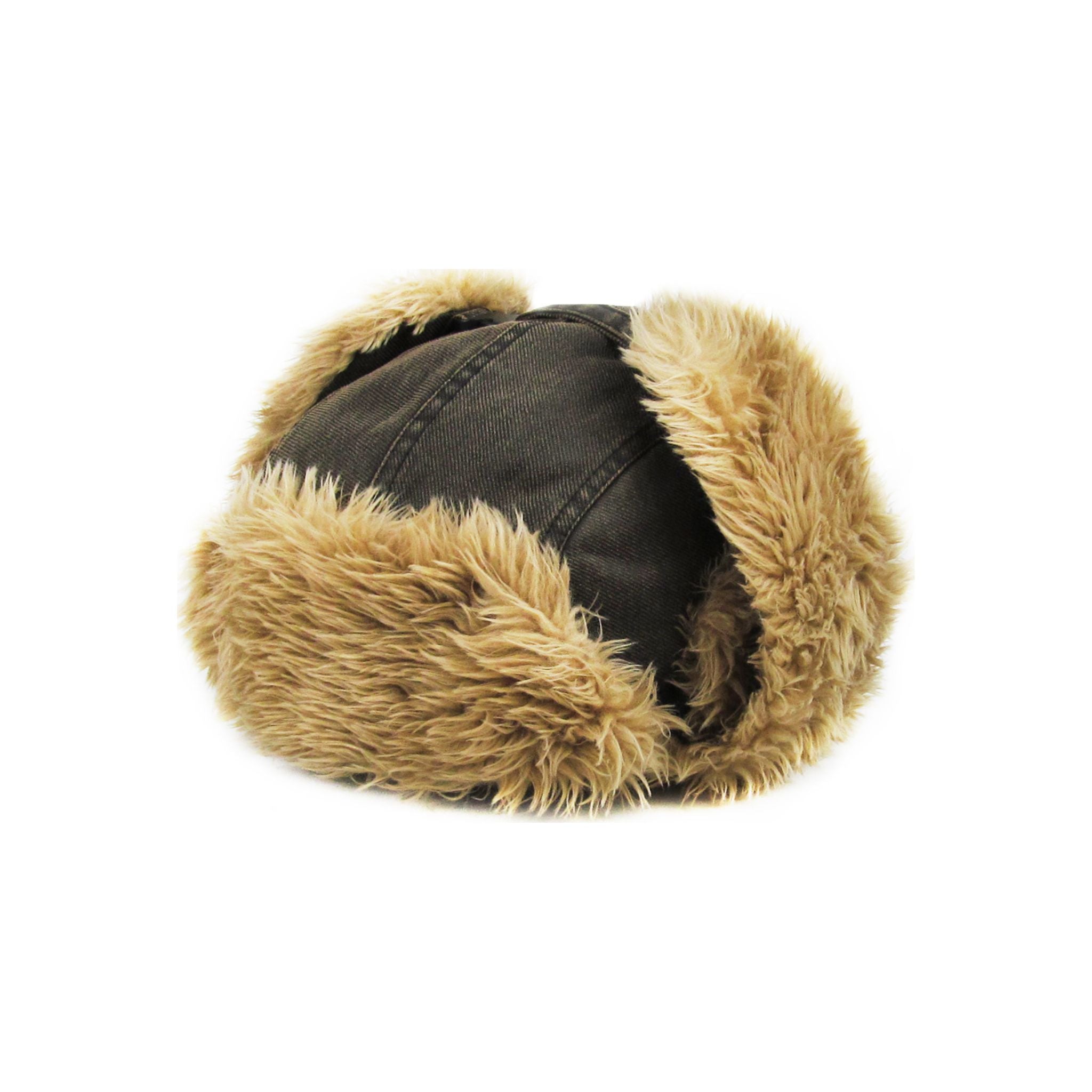 Brown canvas trapper with beige fur ear muffs on a white background