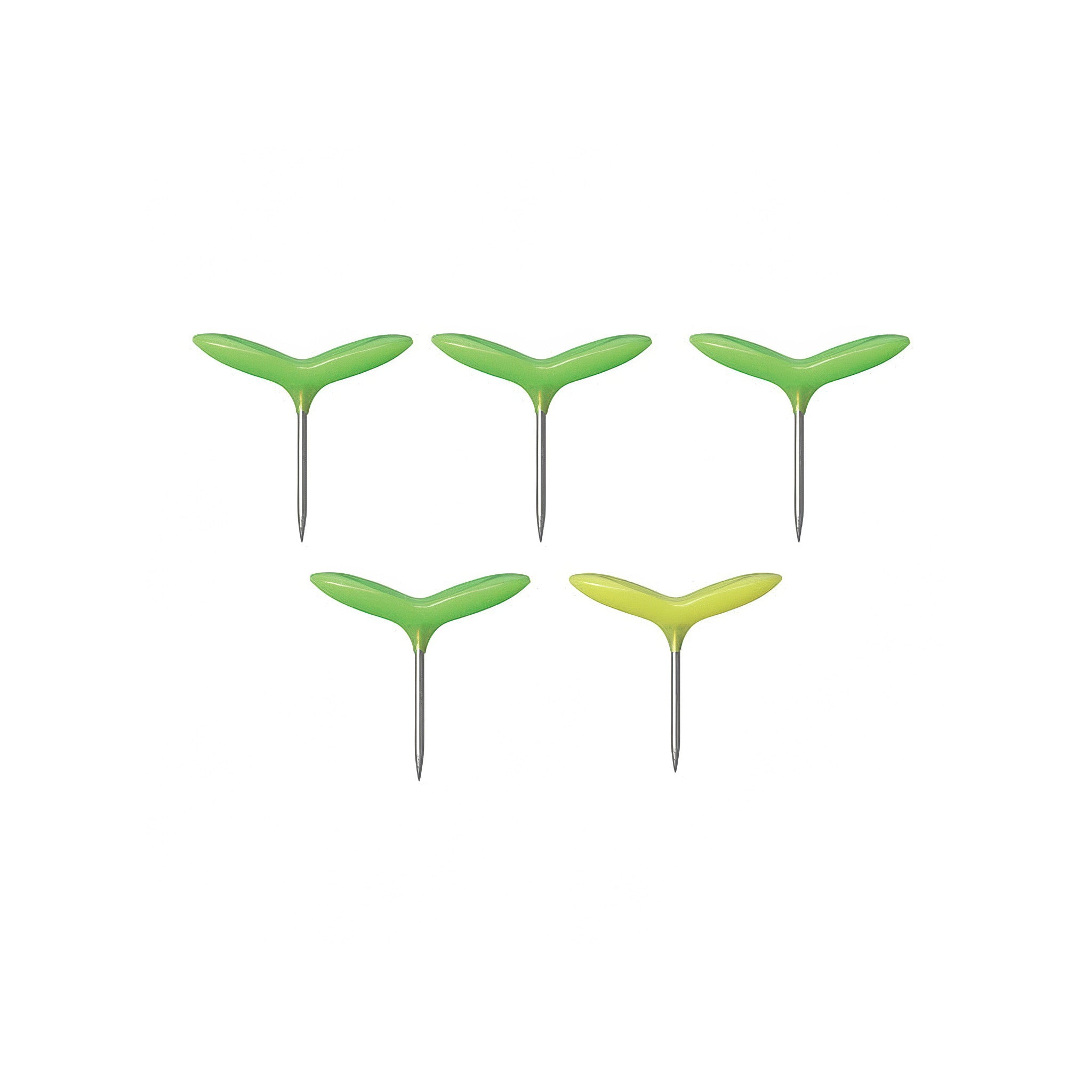 Five green push pins shaped like small plant sprouts with dual leaf tops and silver metal points, displayed against a white background in varying shades of green.