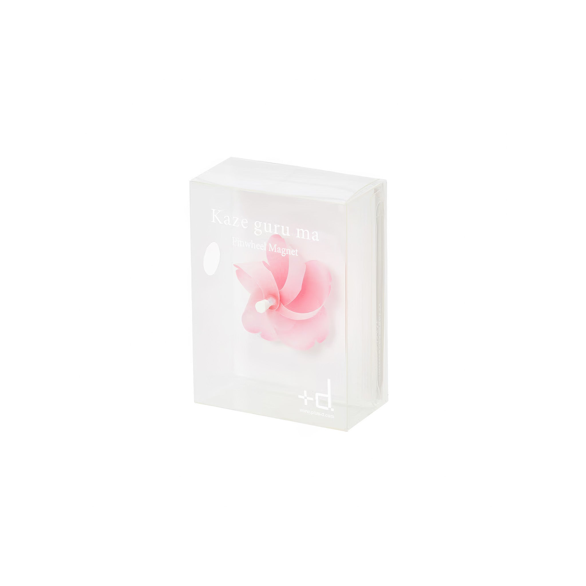White clear packaging with a pink cherry flower pinwheel on a white background