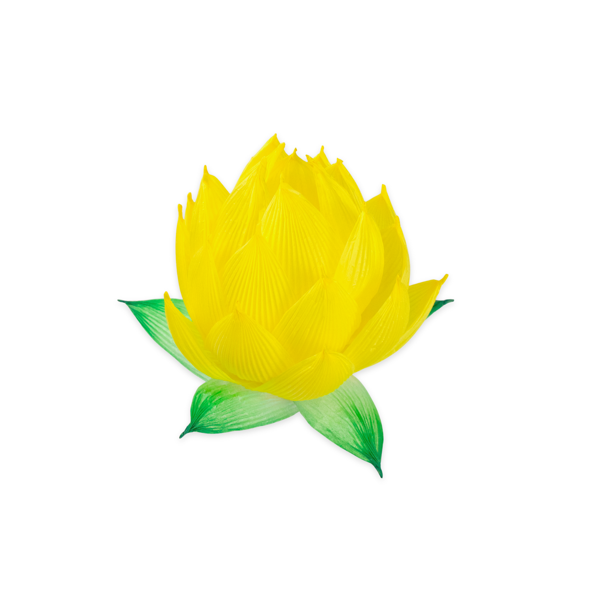 Solid yellow handmade paper lotus lantern with green-tipped leaves, crafted in a layered petal design.