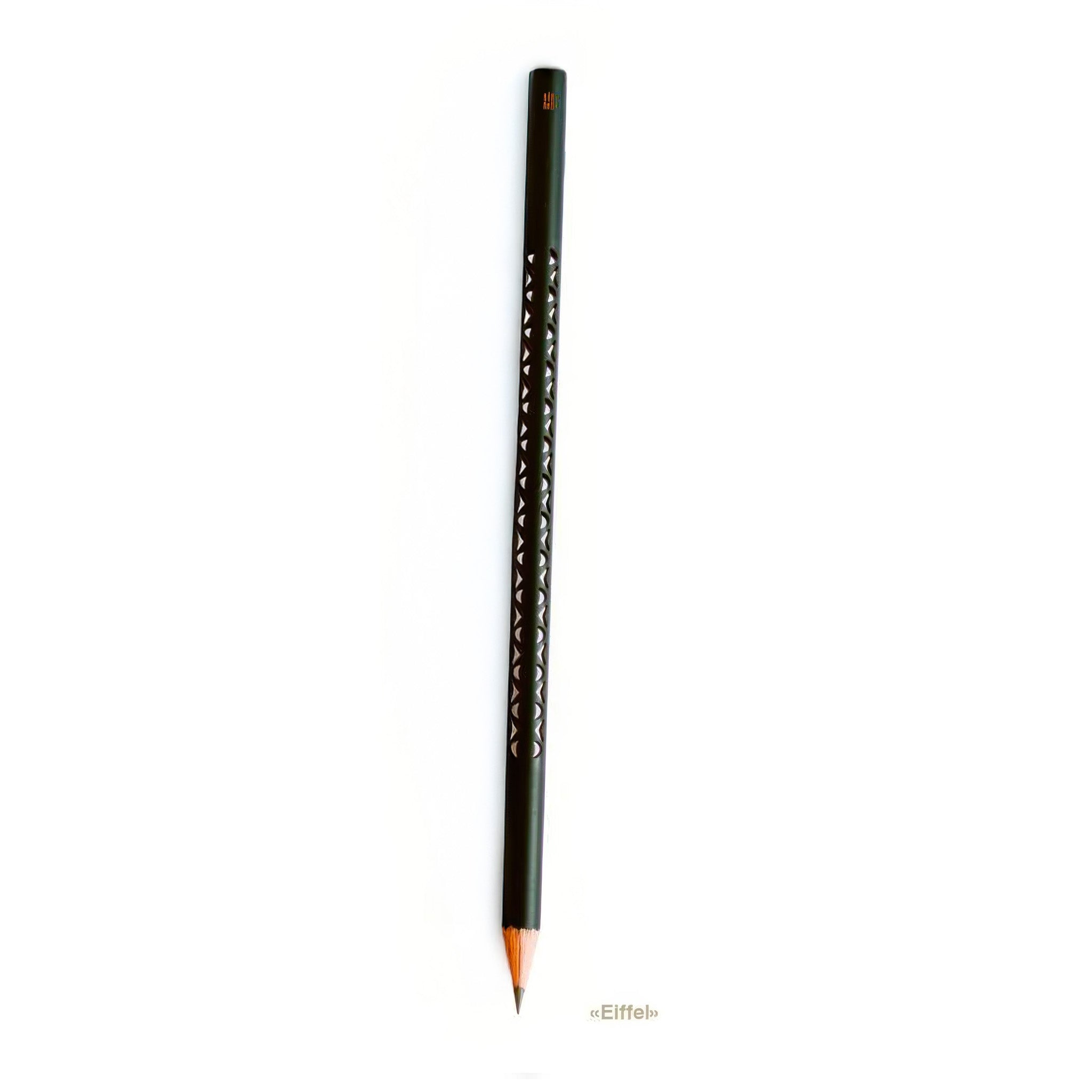 Black pencil with unique design on a white background