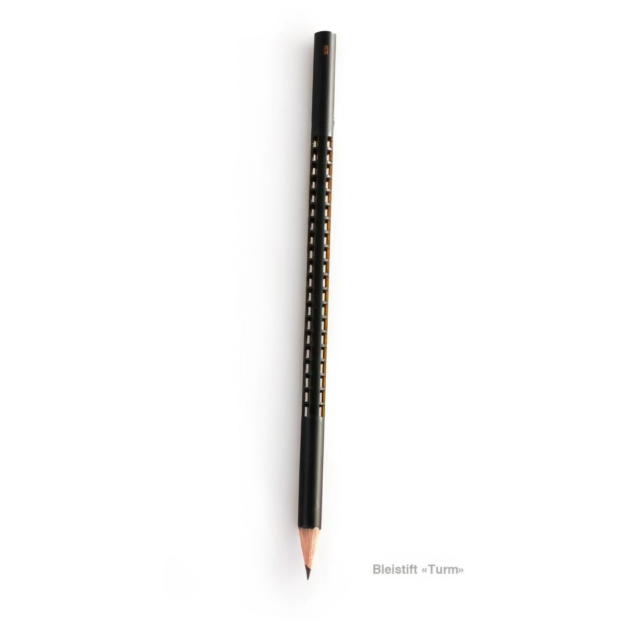 Black pencil with unique design on a white background