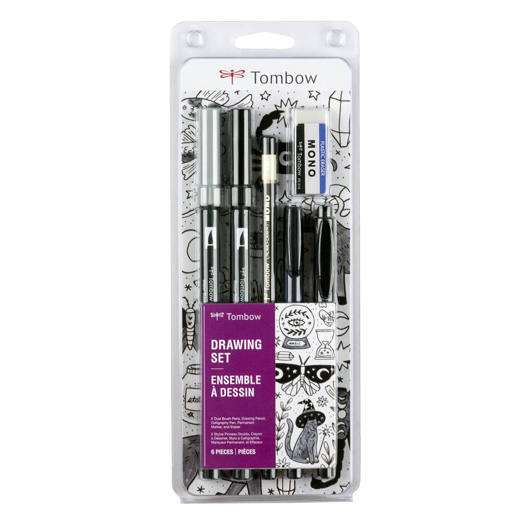 Tombow drawing set packaging with pens and a brush on a white background