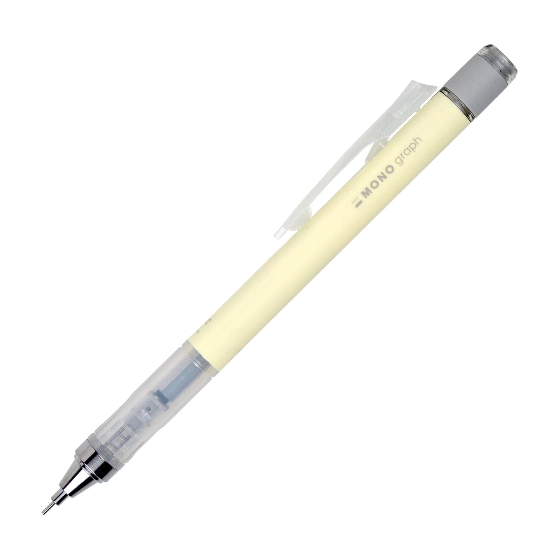 Pastel creamy yellow mechanical pencil and silver accents on a white background