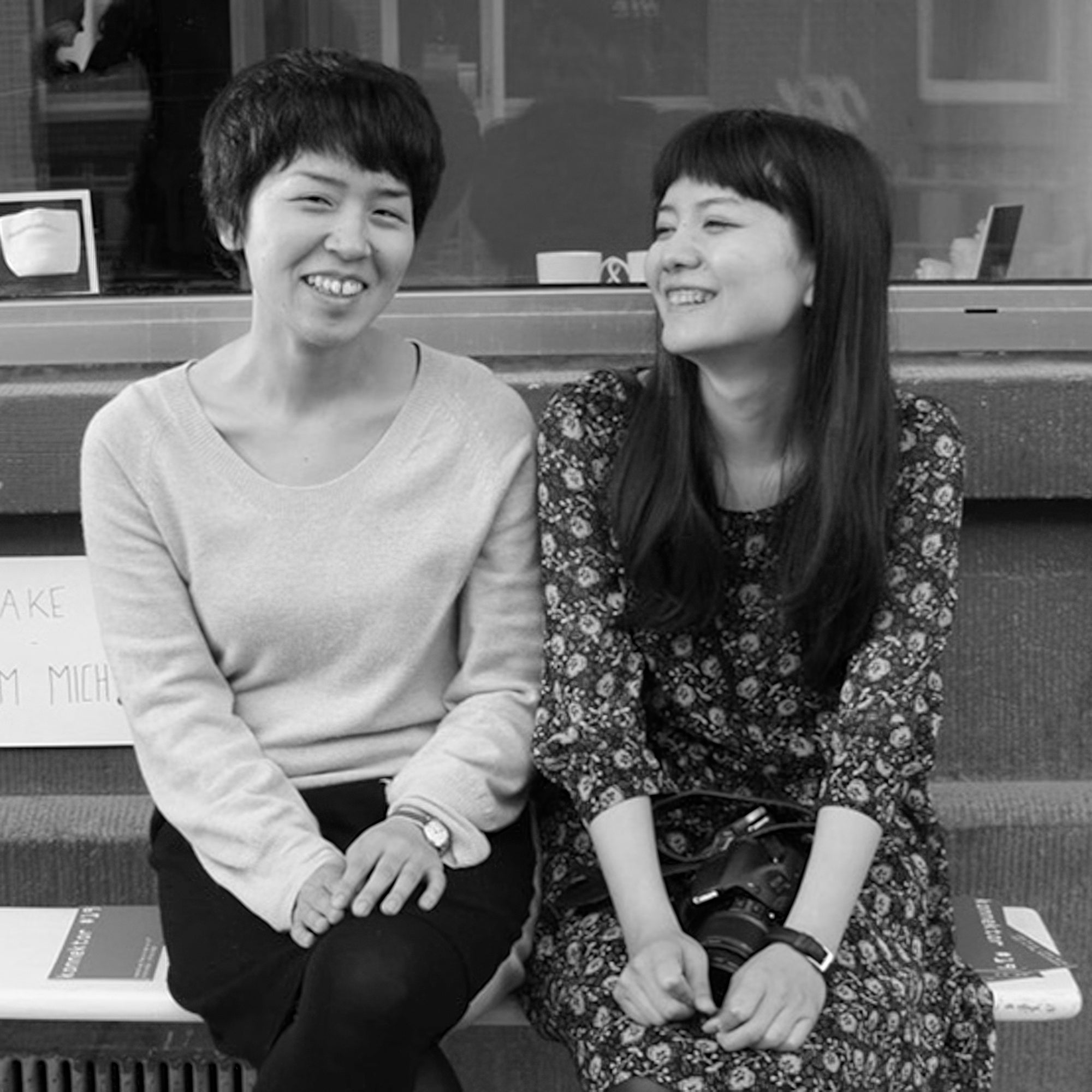 Black and white image of designers Ayumi Sakamoto and Tomomi Uchiyama