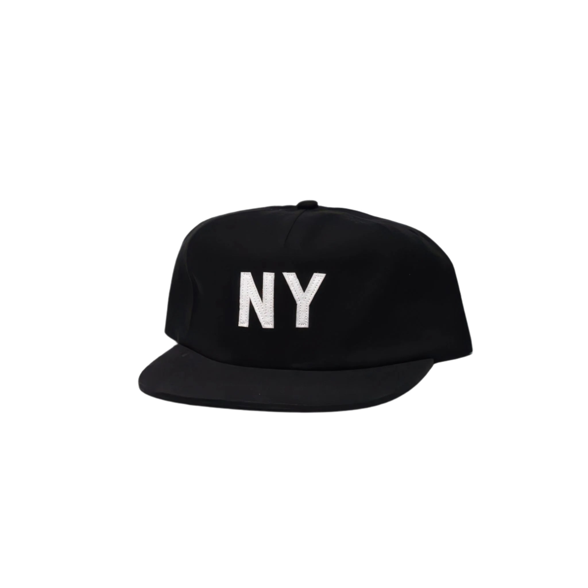 Front angled view of the linen NY hat in black