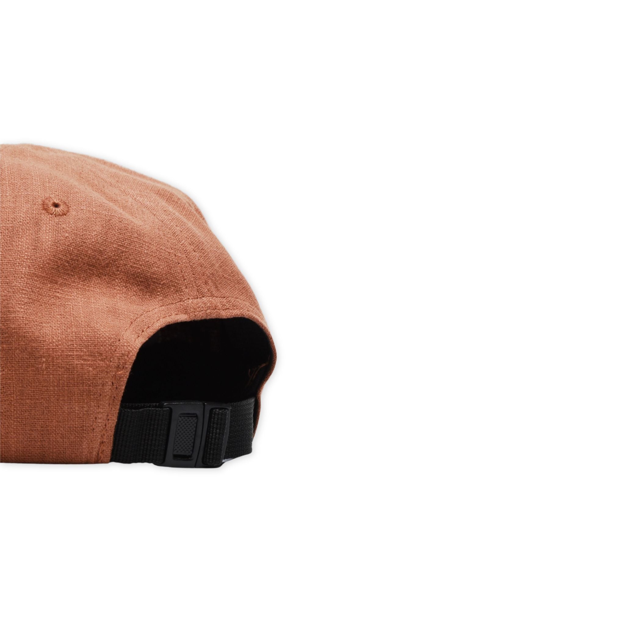 Back side view of the linen NY hat in clay