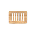 Wooden soap dish with slotted design on a white background