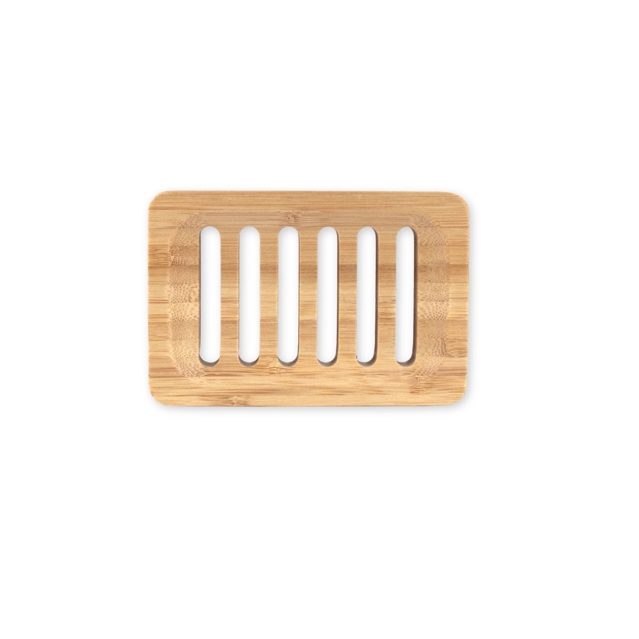Wooden soap dish with slotted design on a white background