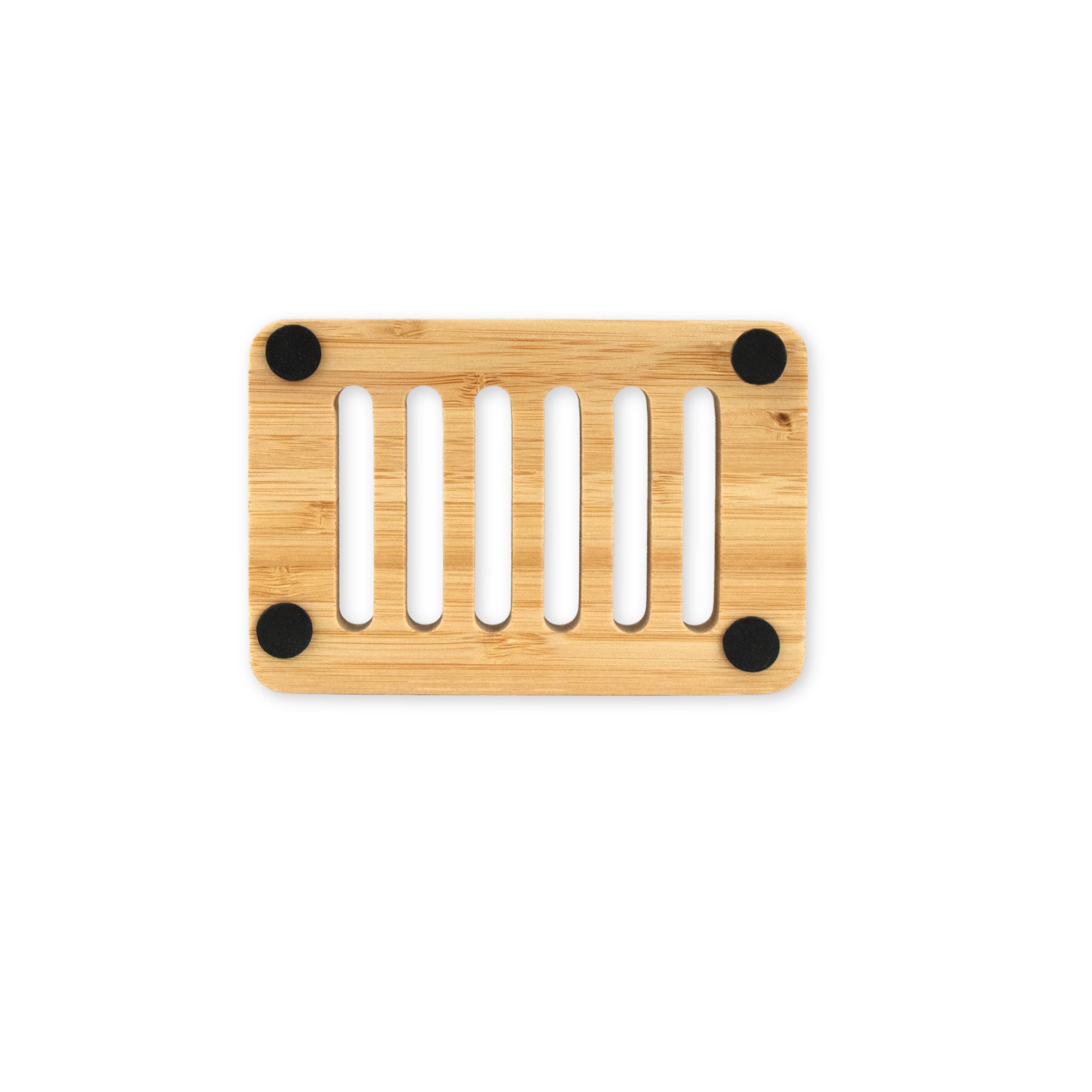 Rectangular wooden soap dish with five drainage slots and four black non-slip pads on the bottom, shown on a white background.
