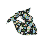 Floral patterned scarf on a white background with baby blue and black colors prominent