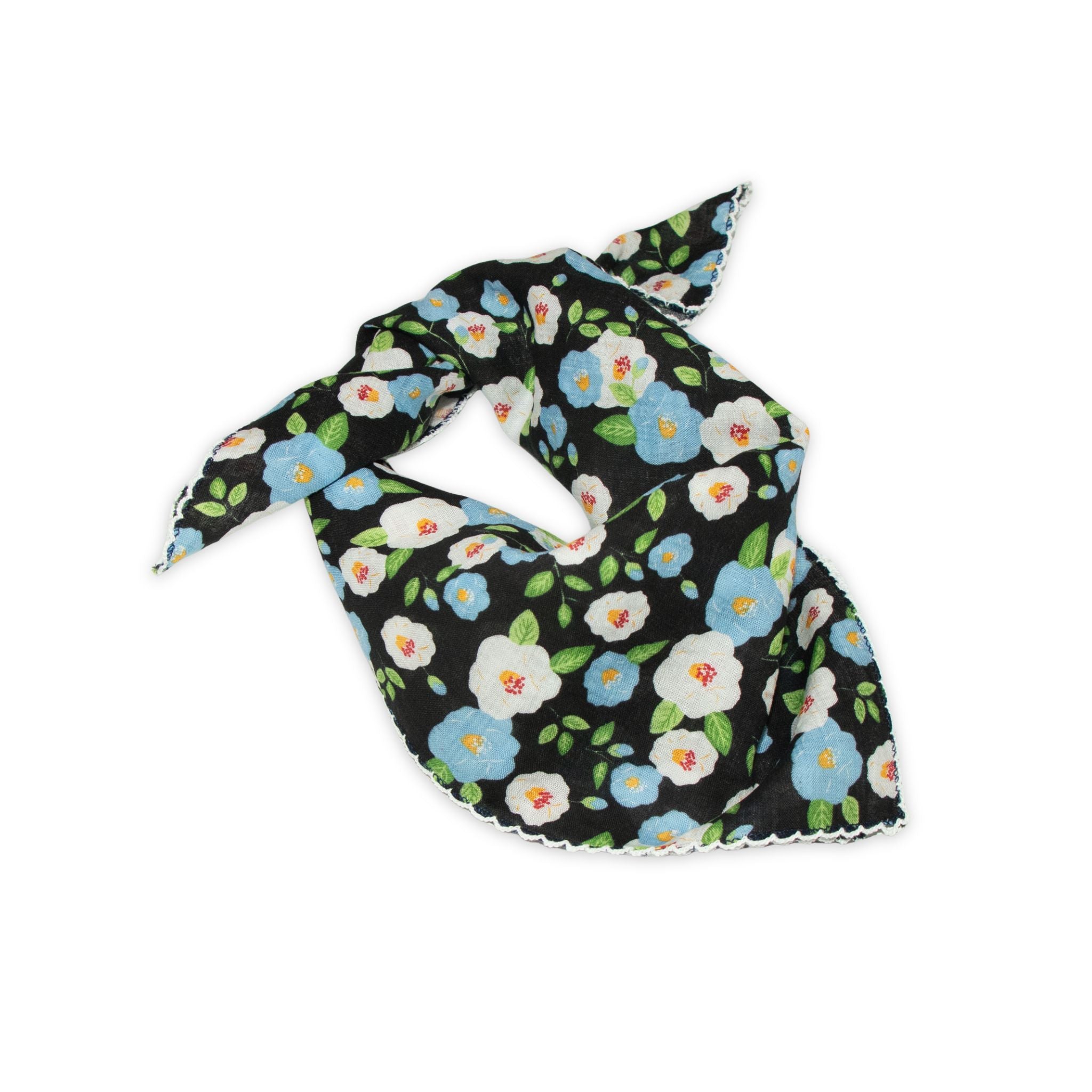 Floral patterned scarf on a white background with baby blue and black colors prominent