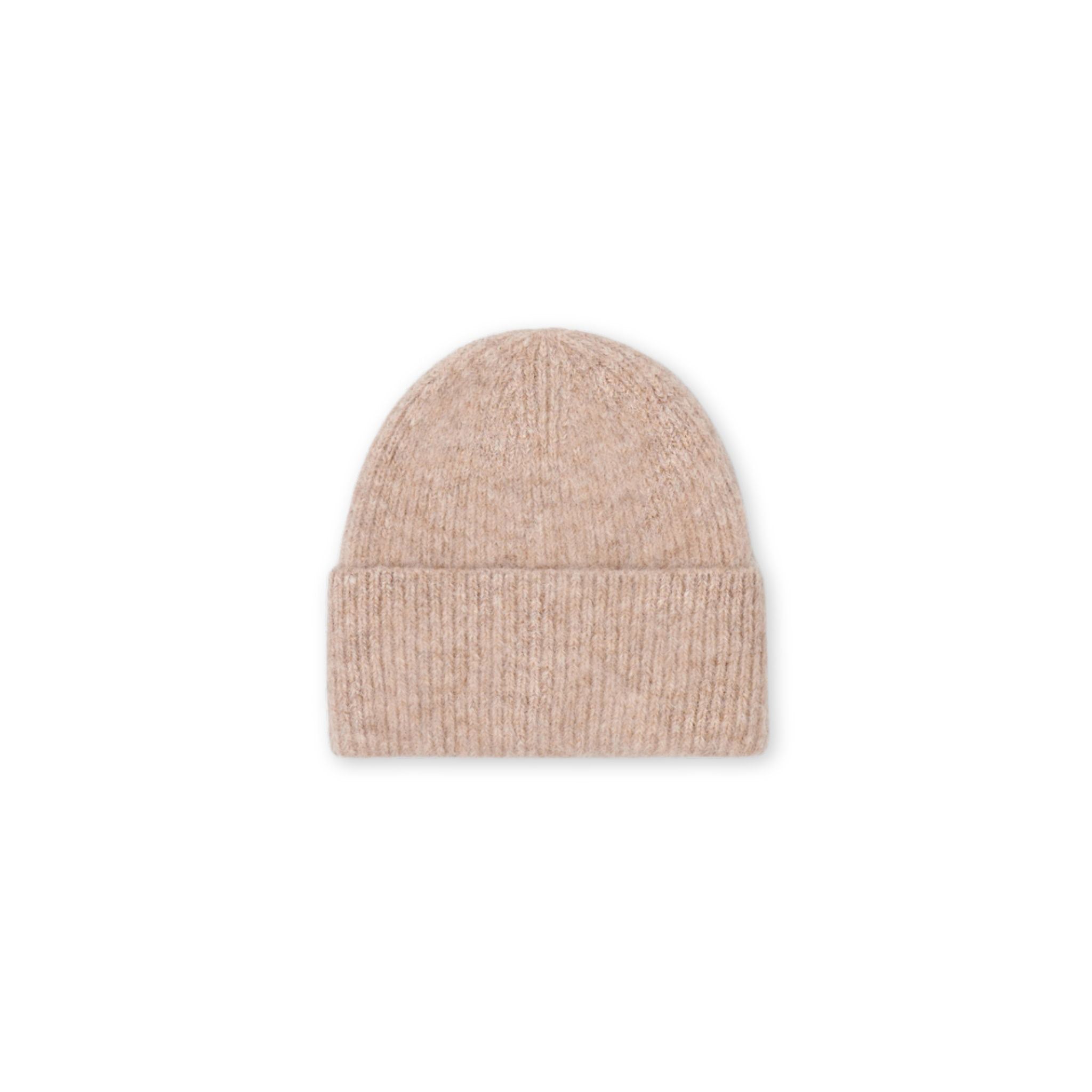 Iced taupe knit beanie on a white background