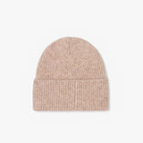 Iced taupe knit beanie on a white background