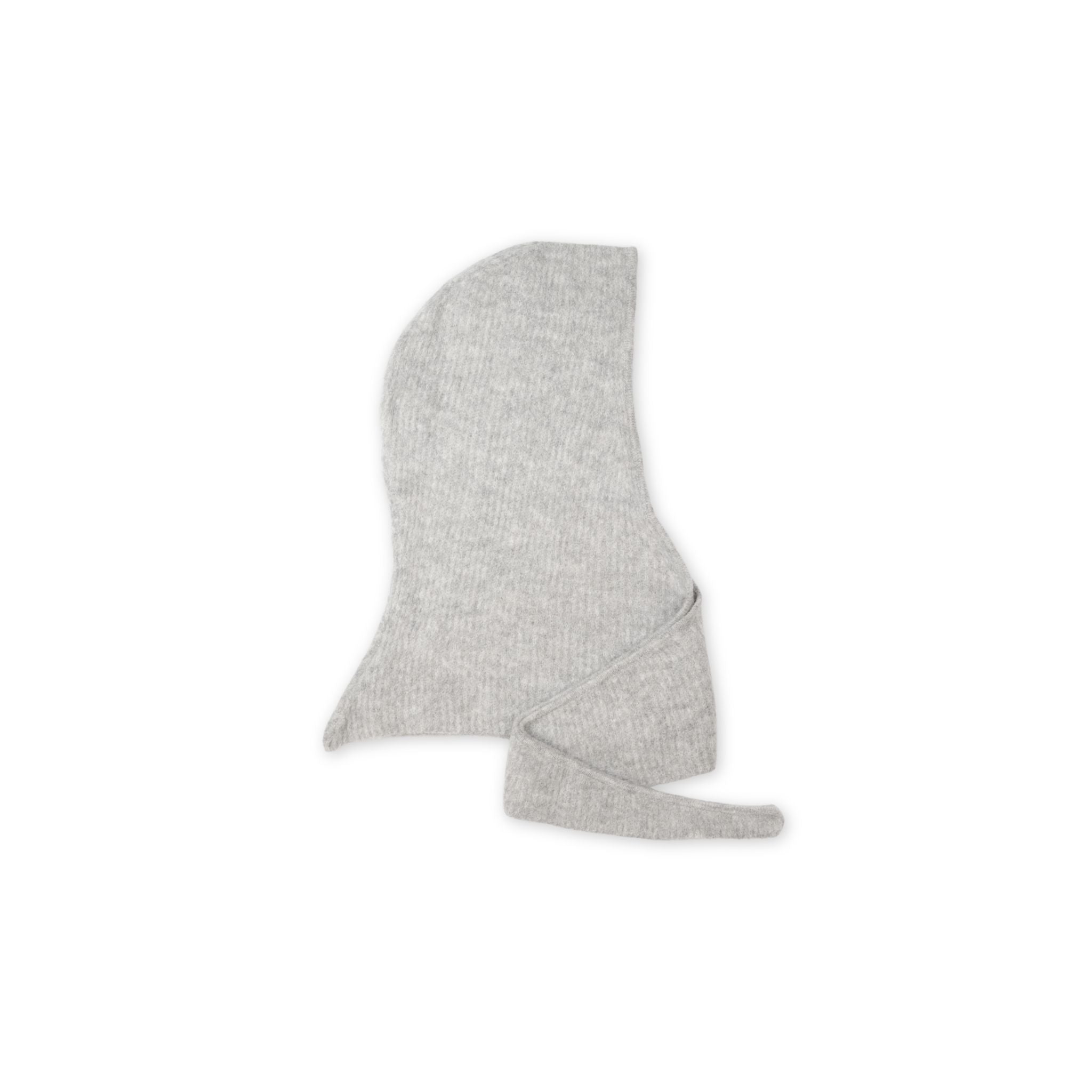 Gray hooded knit scarf on a white background