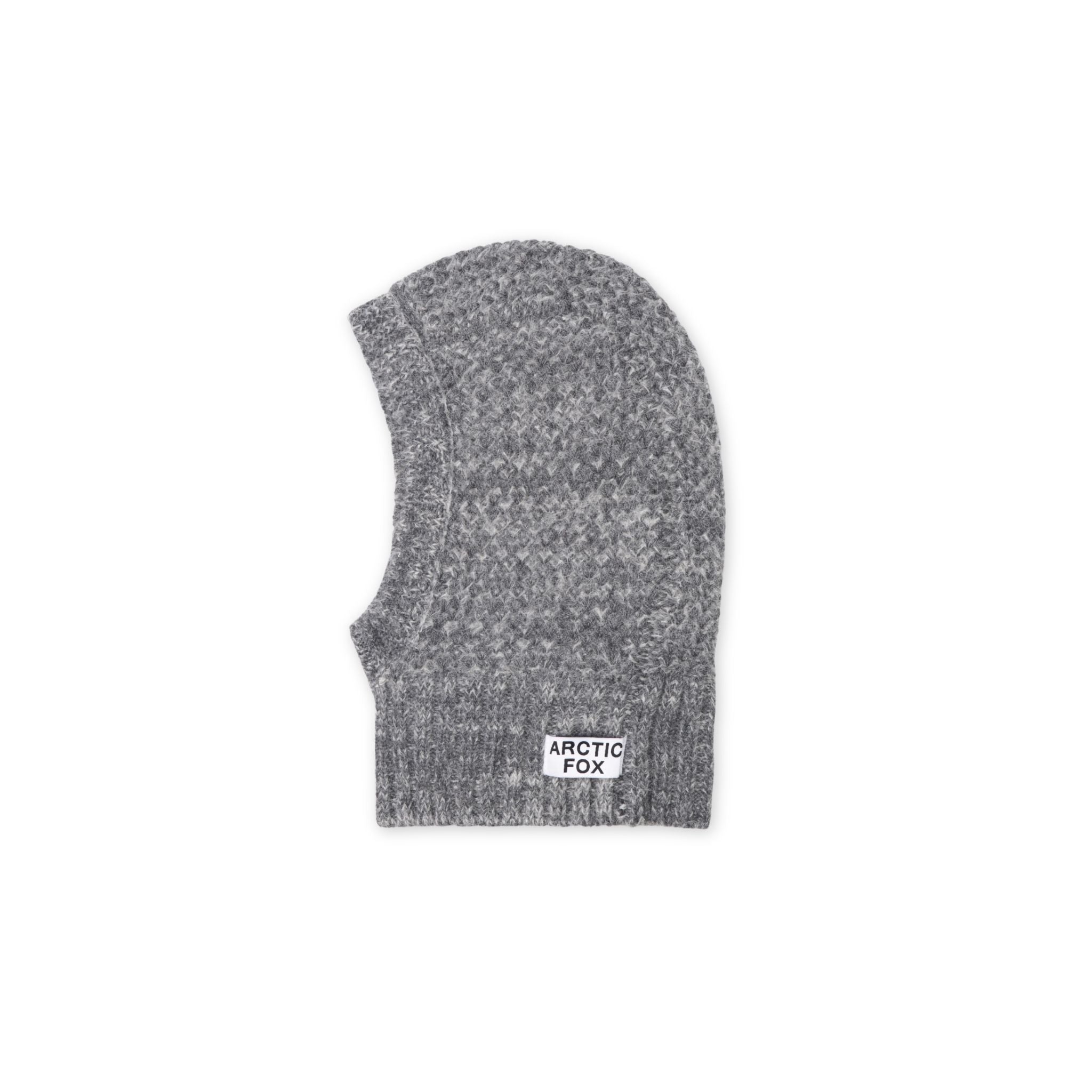 Gray knitted balaclava with 'Arctic Fox' label on a white background