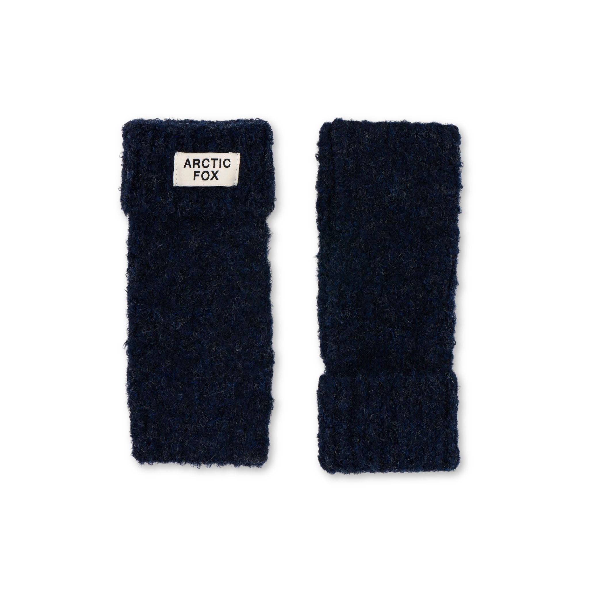 Pair of midnight navy fuzzy handwarmers with 'Arctic Fox' label on a white background