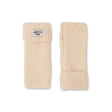 Pair of pebble biege fuzzy handwarmers with 'Arctic Fox' label on a white background