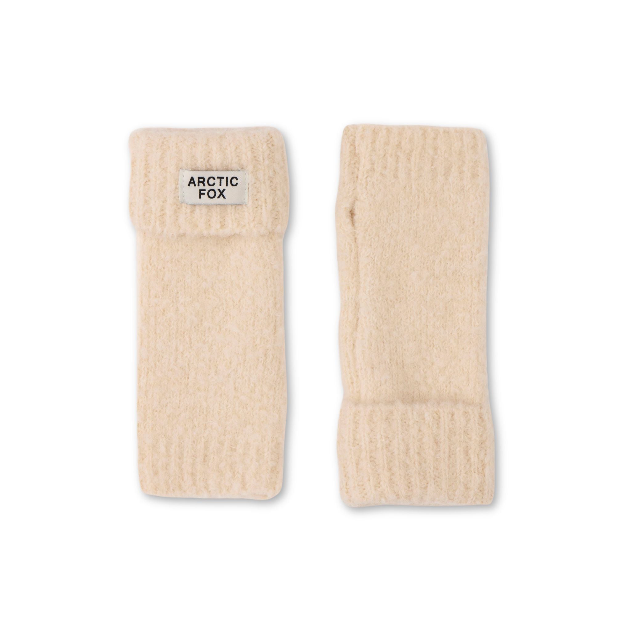 Pair of pebble biege fuzzy handwarmers with 'Arctic Fox' label on a white background
