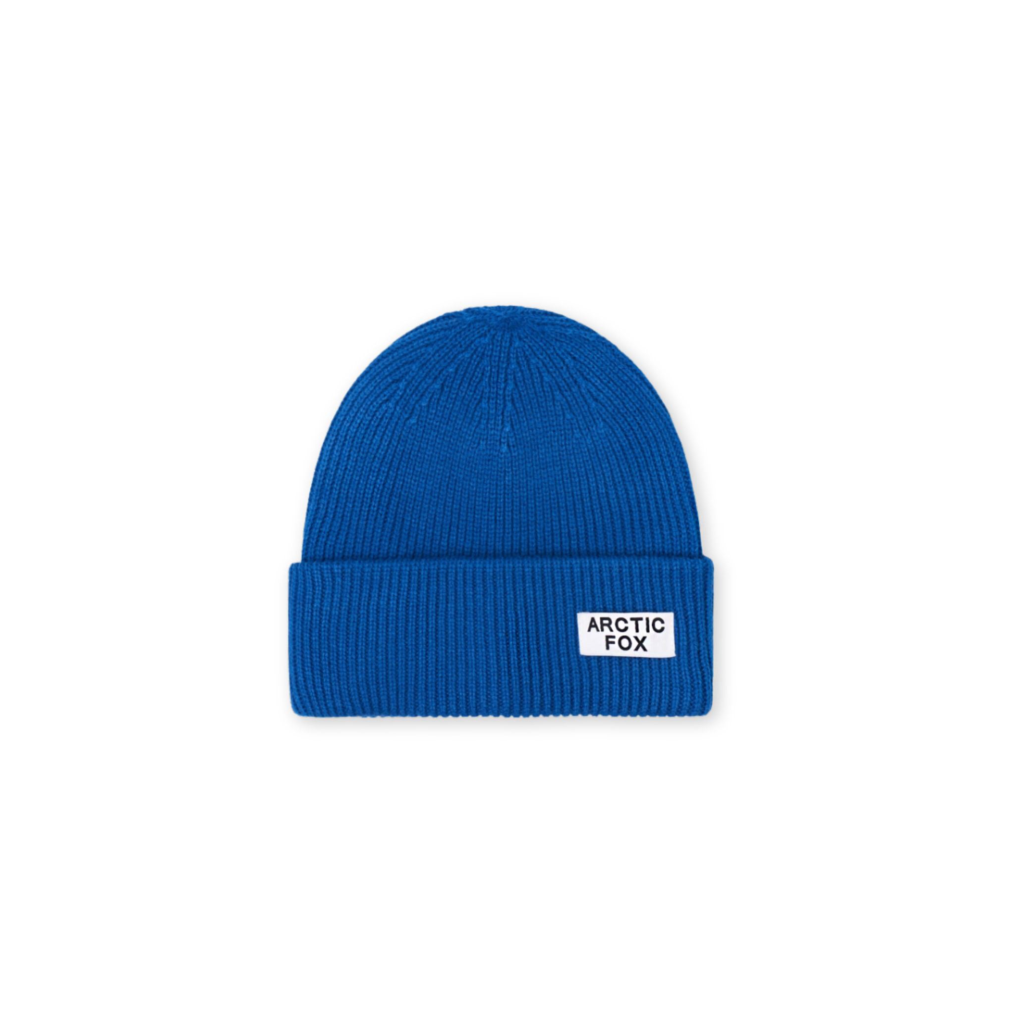 Blue beanie with 'Arctic Fox' label on a white background