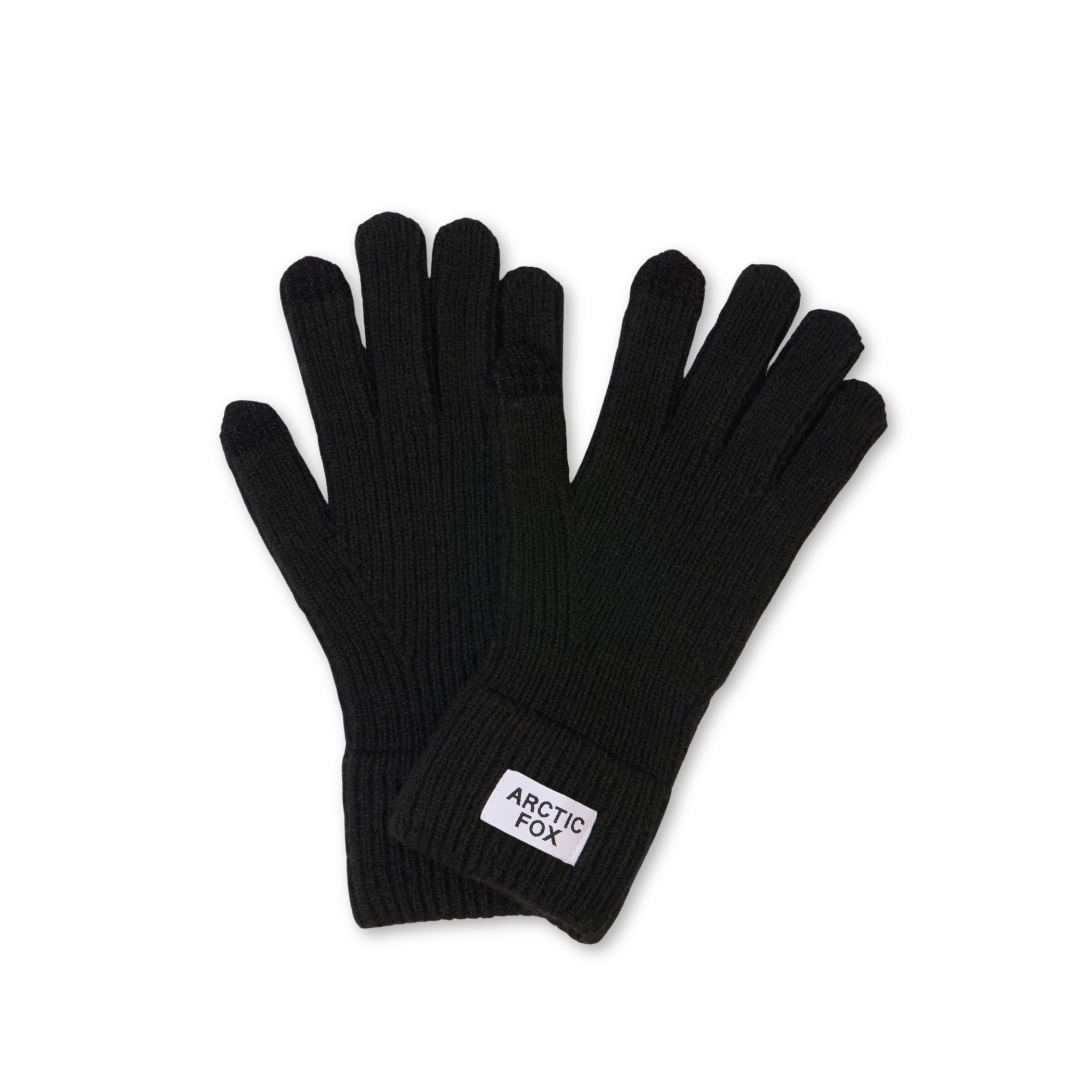 Black gloves with a visible brand label on a white background