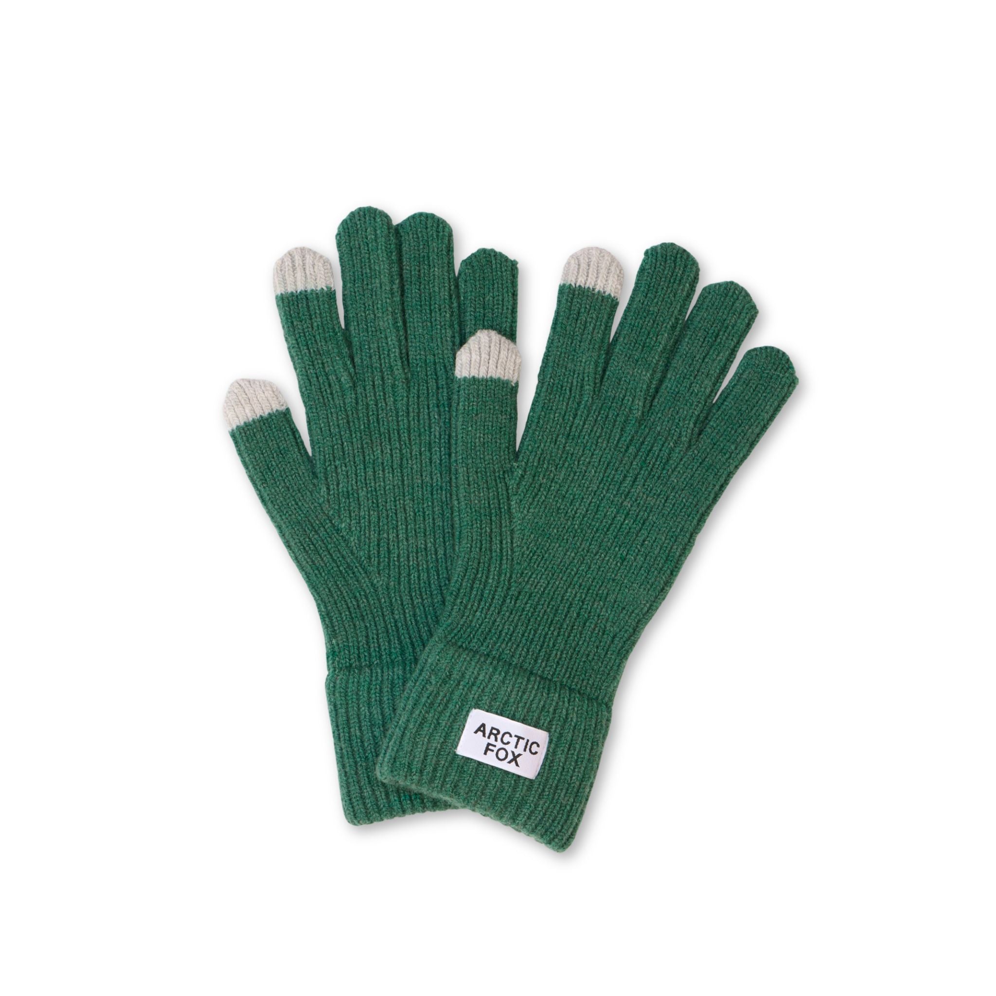 Fern green gloves with gray tips on a white background, featuring the brand 'Arctic Fox'.