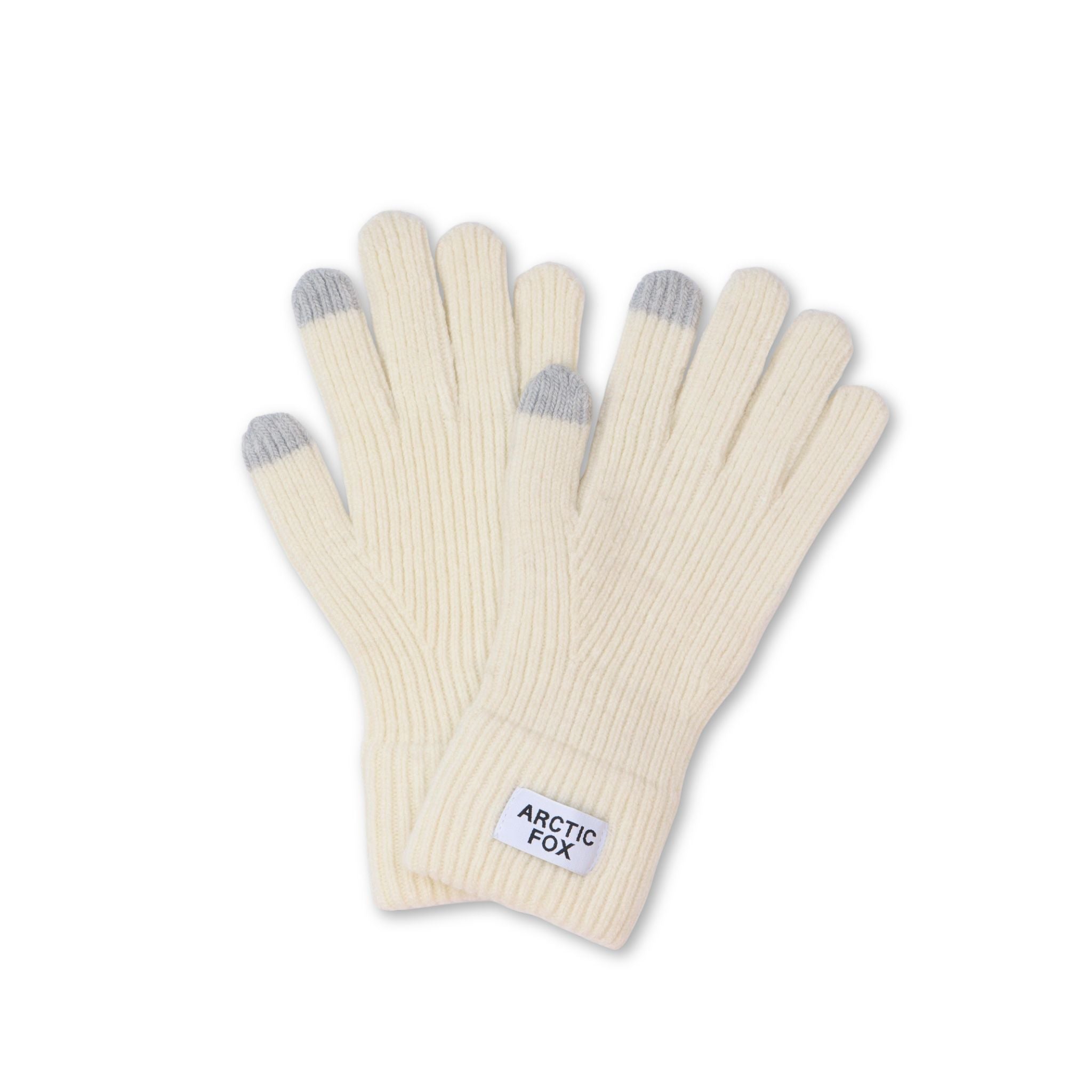 Pair of white winter knit gloves with gray tips on a white background, featuring the brand 'Arctic Fox'.