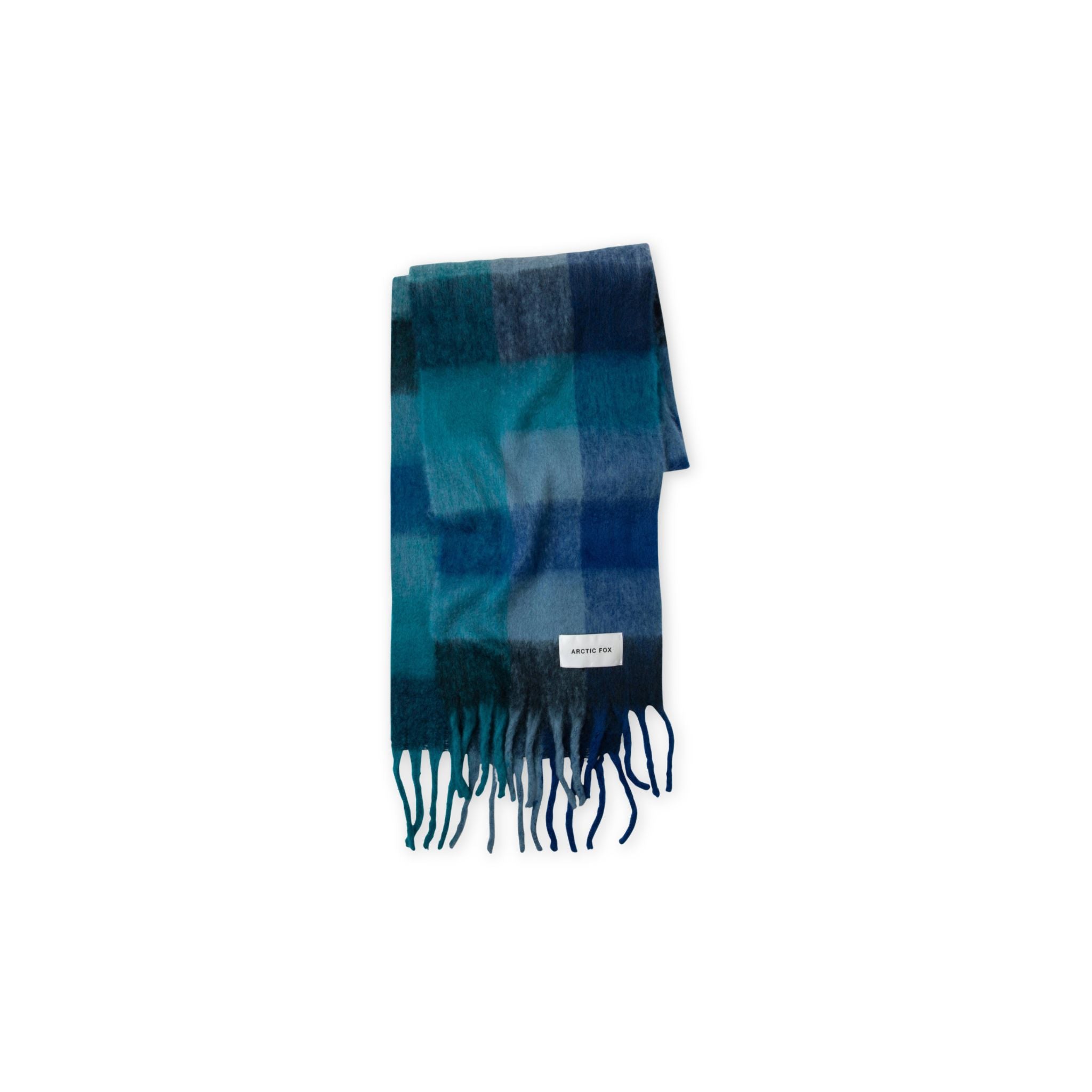 Blue checkered scarf with fringes on a white background