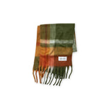 Plaid scarf with green, orange and white shades and fringes on a white background