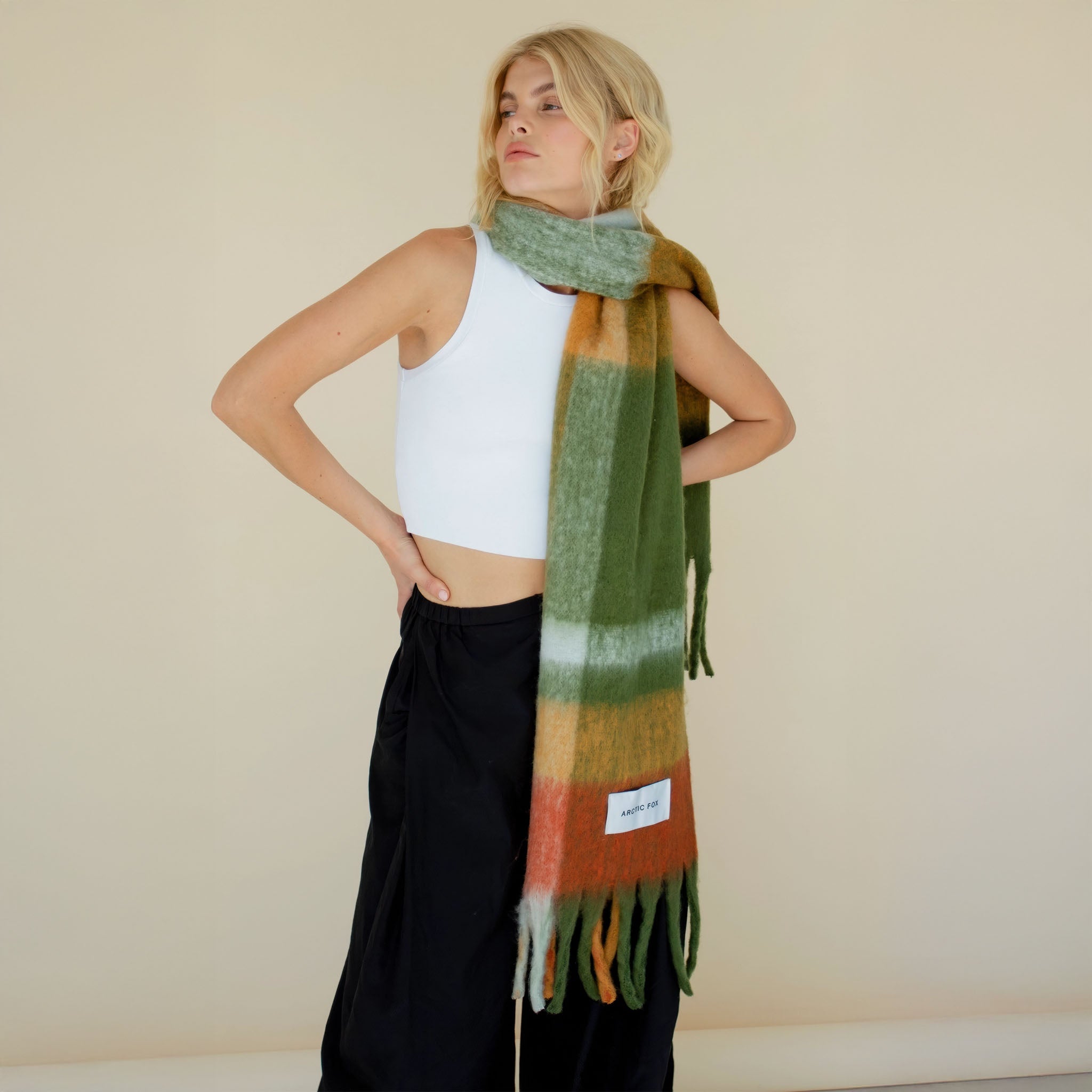 Model wearing a multicolor plaid scarf with a plain background.