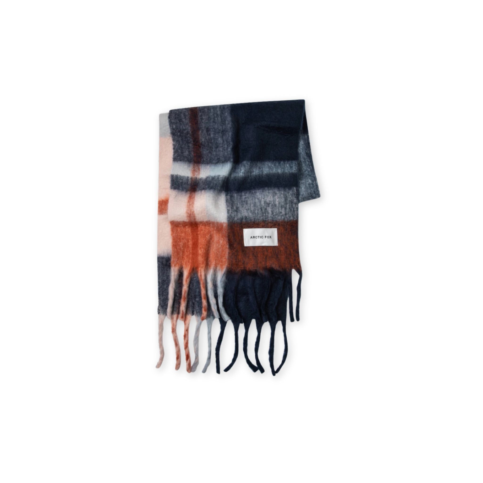 Multicolor plaid scarf with fringes and brand label Arctic Fox on a white background