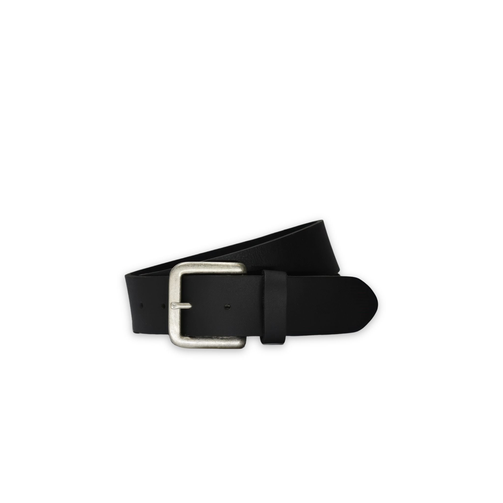Black belt with a silver buckle on a white background