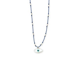 See Real Flowers Evil Ey Necklace indigo and eye-shaped charm on a white background