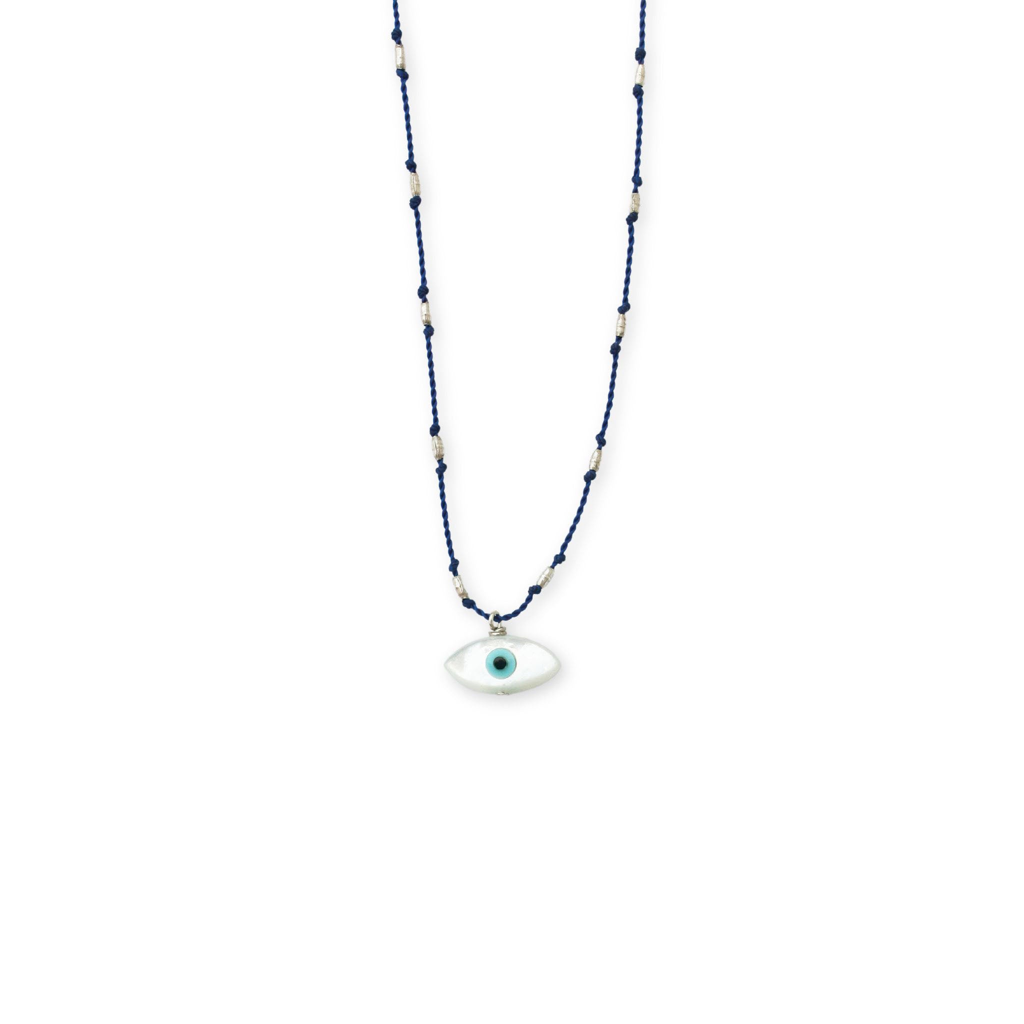 See Real Flowers Evil Ey Necklace indigo and eye-shaped charm on a white background