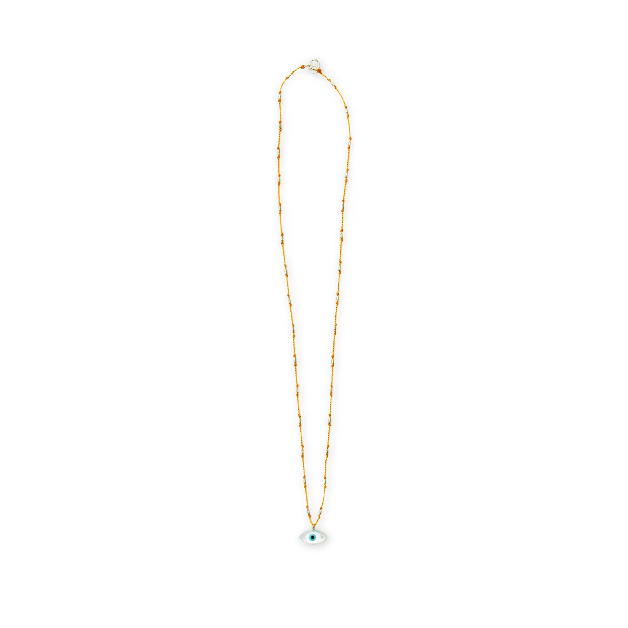 See Real Flowers Evil Eye Necklace saffron and eye-shaped charm on a white background